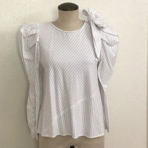 White Zara Blouse with Blue Pin Stripes, Puffed Long Sleeves and Bow on Sholuder